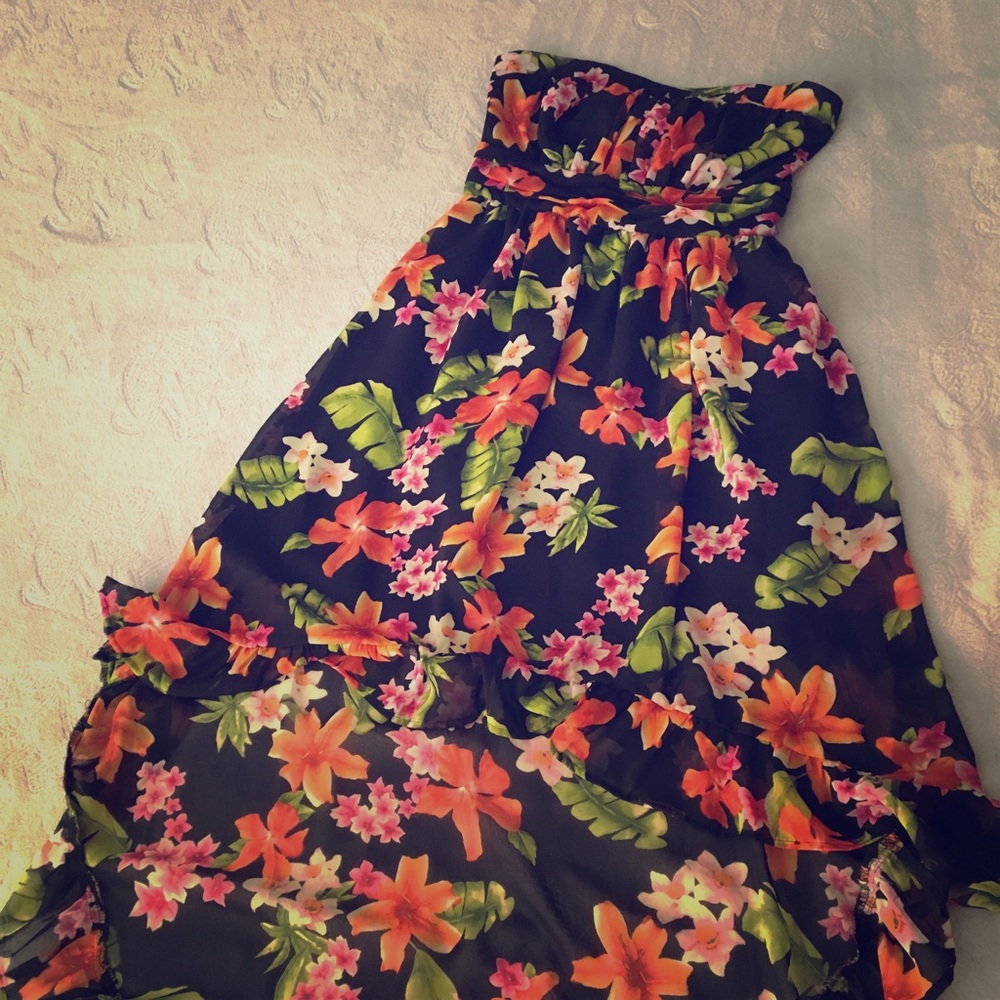 Tube style dress; sheer floral print.